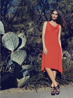 EILEEN FISHER FIREFLY Cowl Neck Knee Lenth Viscose Jersey Dress Organic Cotton L